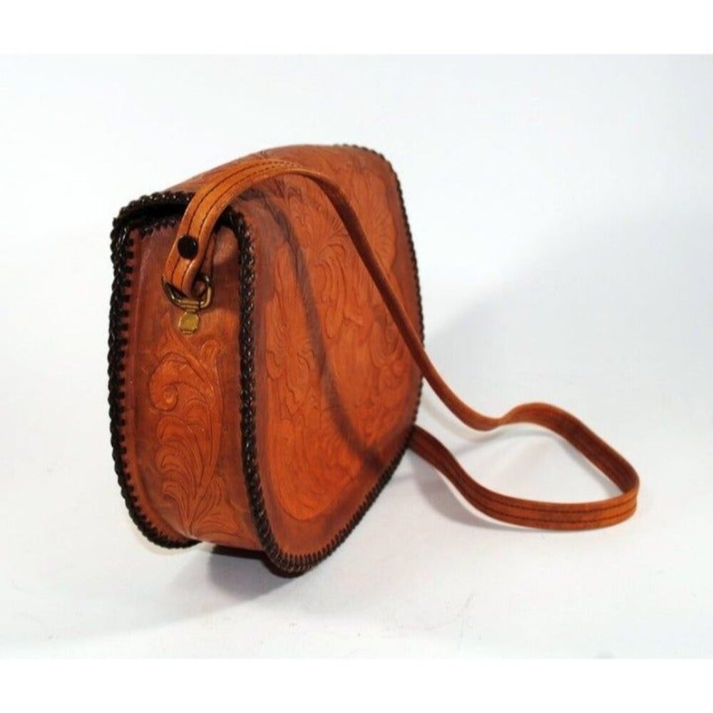 Handmade Tooled Brown Leather Saddle Style Handbag Original Pyrm - Picture 4 of 9